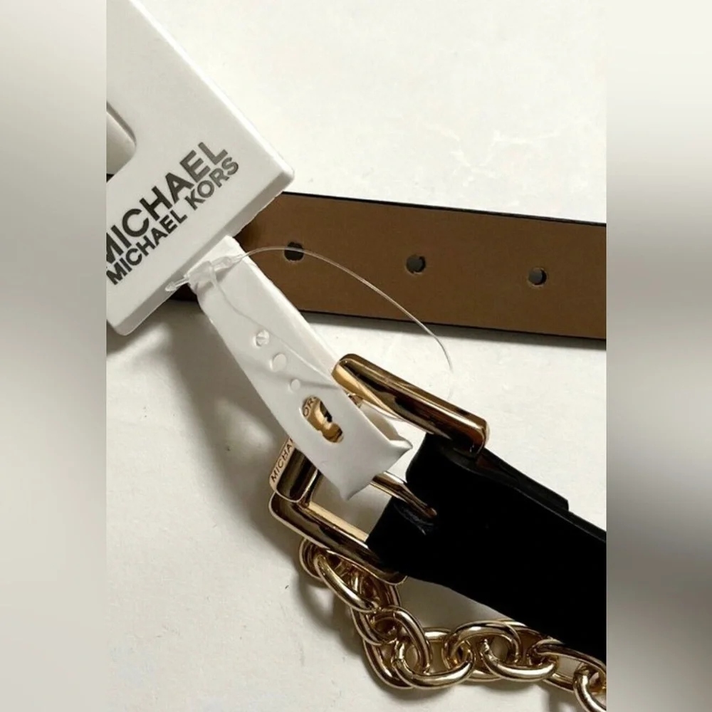 MICHAEL KORS Belt Swag Chain Logo Genuine Leather Black Gold Sz Large AUTHENTIC